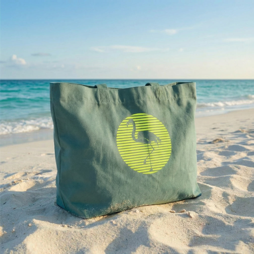 Beach Bag Flamingo Dusty Green & Neon Gelb