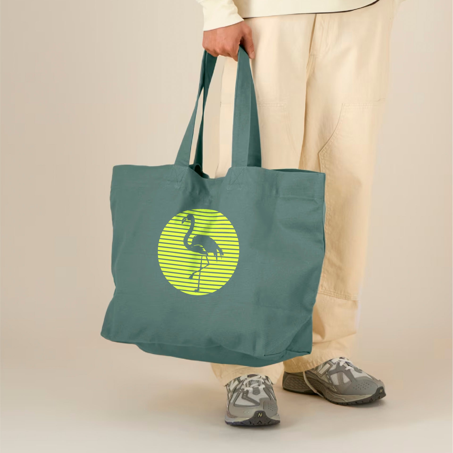Beach Bag FLAMINGO Dusty Green & Neon Gelb