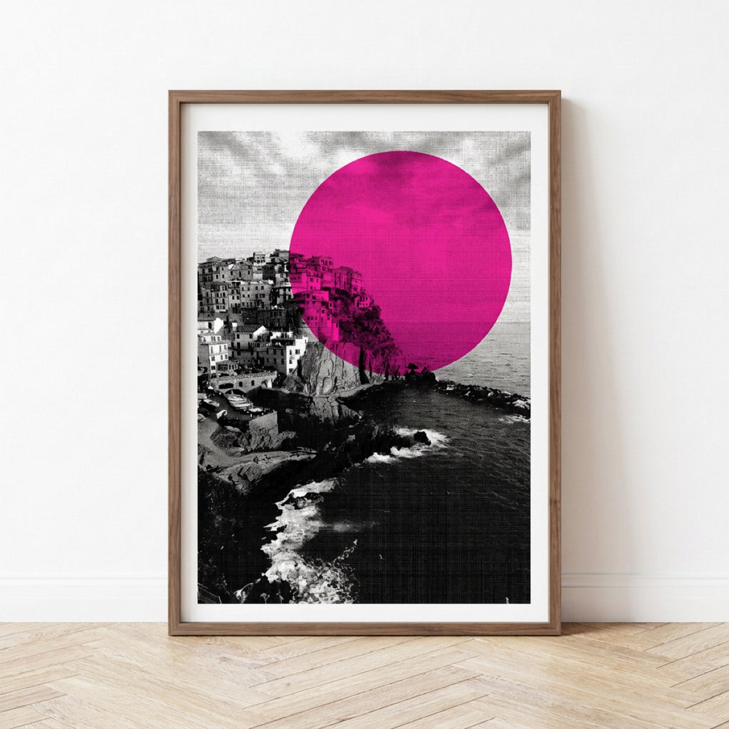 Print Manarola Cinque Terre Siebdruck Neonpink im Holzrahmen