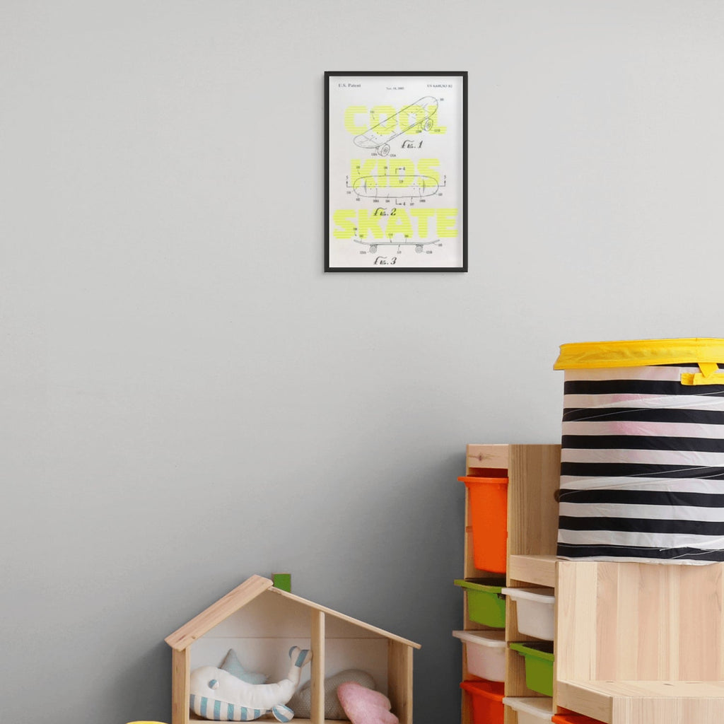 Siebdruck COOL KIDS SKATE Patentzeichnung Neon Gelb